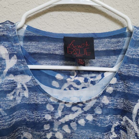 French Blue T Shirt Womens Size Petite Large Floral Stripe Short Sleeve Summer - Picture 6 of 11